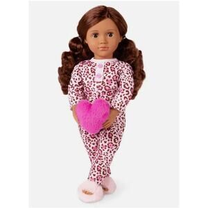 Our Generation Gracia 18" Doll in Pink Leopard-Print Pajama Pillow Slippers NWT